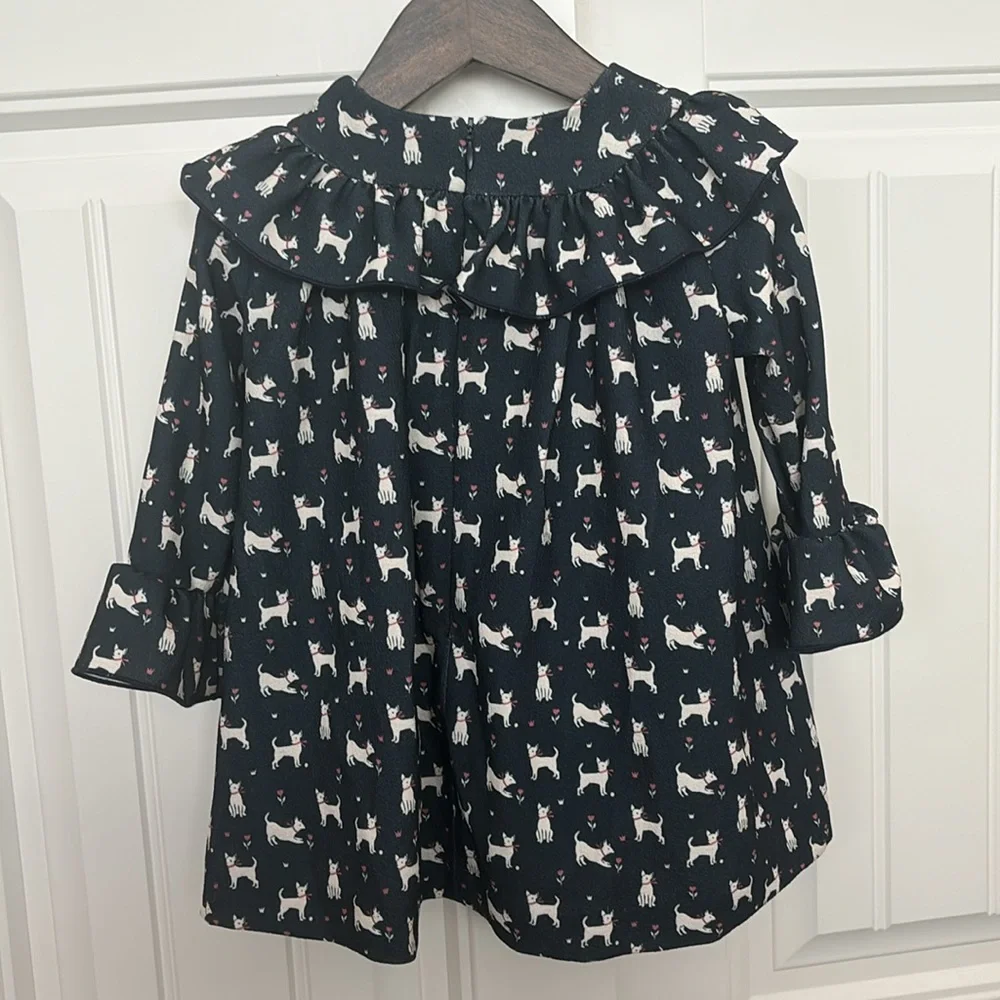 Paz Rodríguez Navy Blue Dog Print Long Sleeve Dress